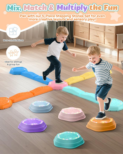 Holyton Light Up Stepping Stones for Kids with Music, 13PCS Balance Beam and Stepping Stone Set, Toddler Balance Beam Obstacle Course, Non-Slip Sensory Toys for Toddlers 3-8, Indoor Outdoor Play