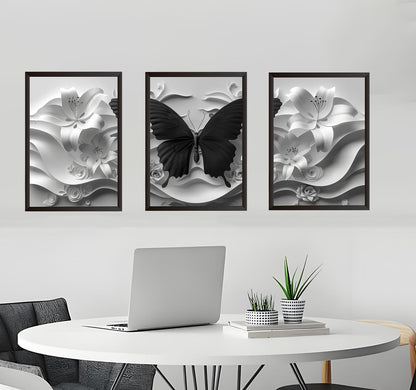 2D Black Butterfly Wall art set of 3 White Flowers Picture Canvas Art Modern Abstract Textured Florals Posters print Artwork for Living Room Bedroom Bathroom Decoration 12 * 18 in (Poster)