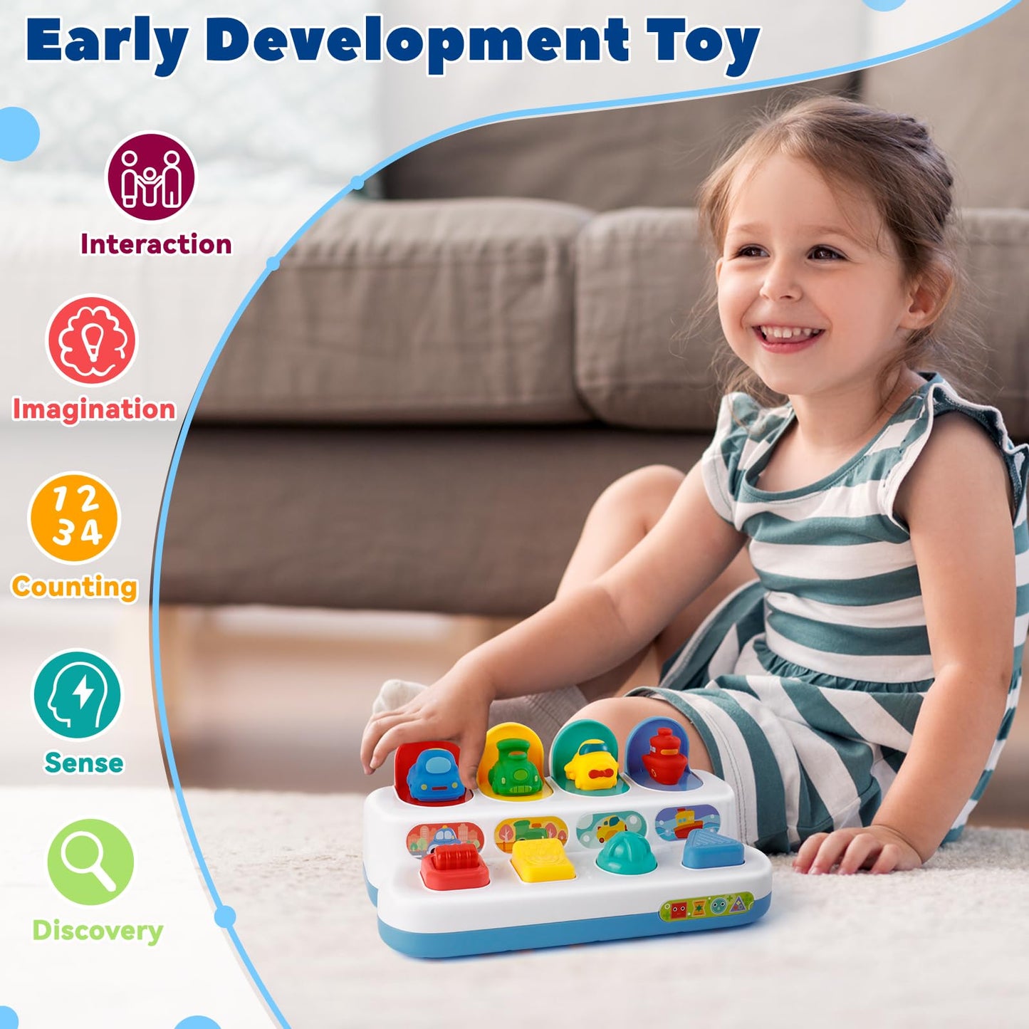 Interactive Cause & Effect Pop Up Vehicle Toys for Toddlers 1-3 Years, Sensory Montessori Toys for Infants 8-12 Months, Fun Hide and Seek Play for Boy Girl