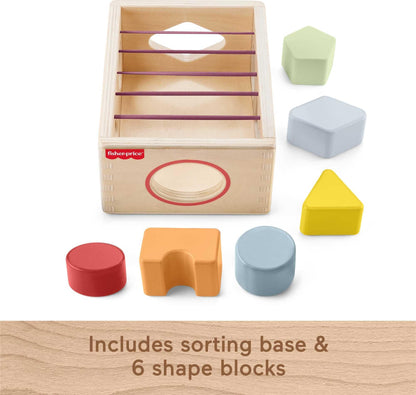 Fisher-Price Wood Baby Toy Flexi Shape Sorter, 7-Piece Wooden Activity with Elastic Bands for Infants & Toddlers Ages 9+ Months
