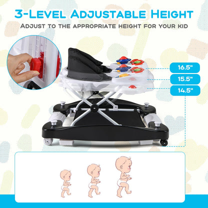 BABY JOY 6-in-1 Baby Walker, Foldable Baby Walker with Wheels, Adjustable Height, Music, Lights, Bouncer & Rocker Mode, Baby Walkers for Boys Girls 6-14 Months (Black)