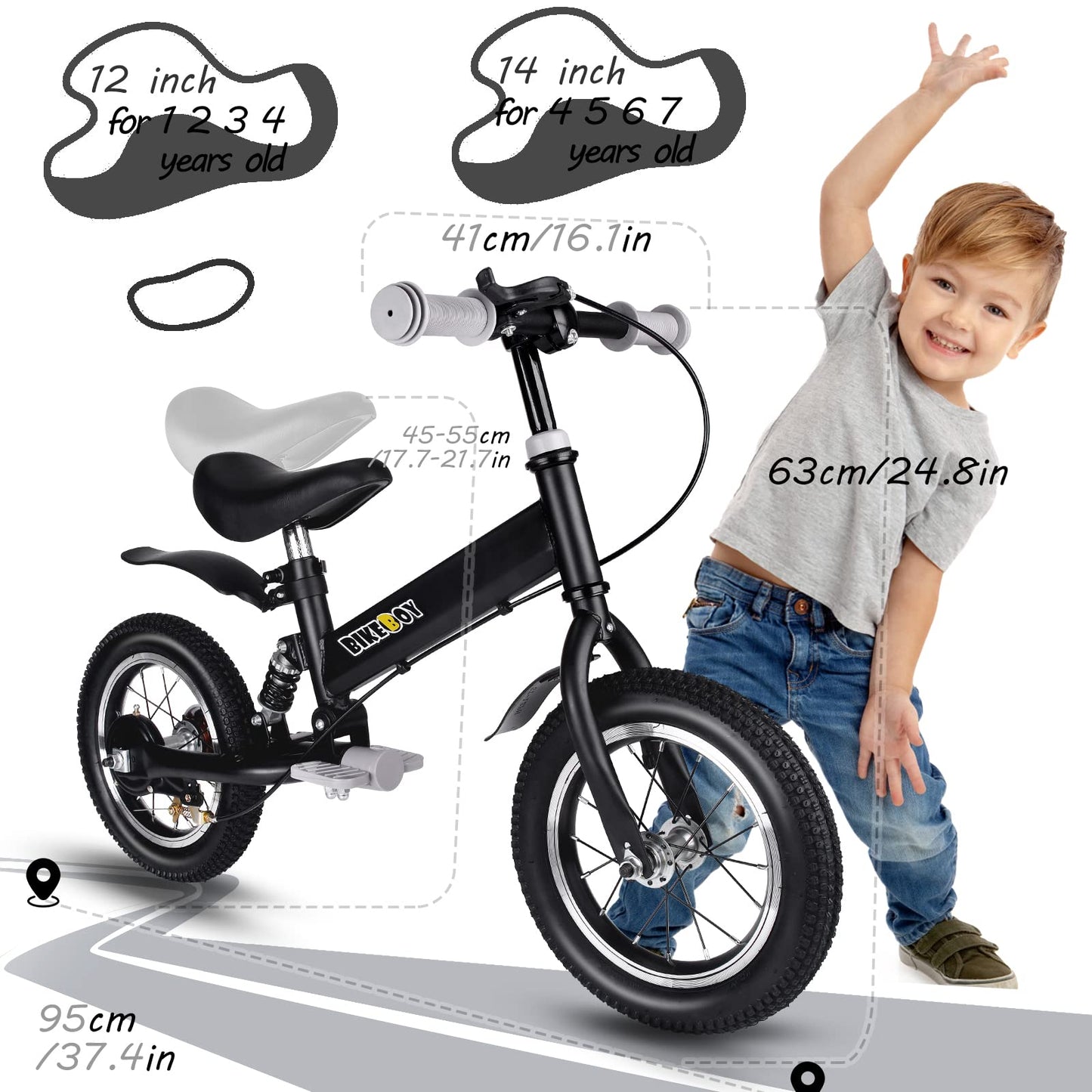 bikeboy Balance Bike 14 Inches, Dual Use Kids Bike for 2-6 Years Old, Shock Absorbers, Fenders, Pedals, Auxiliary Wheels, Black