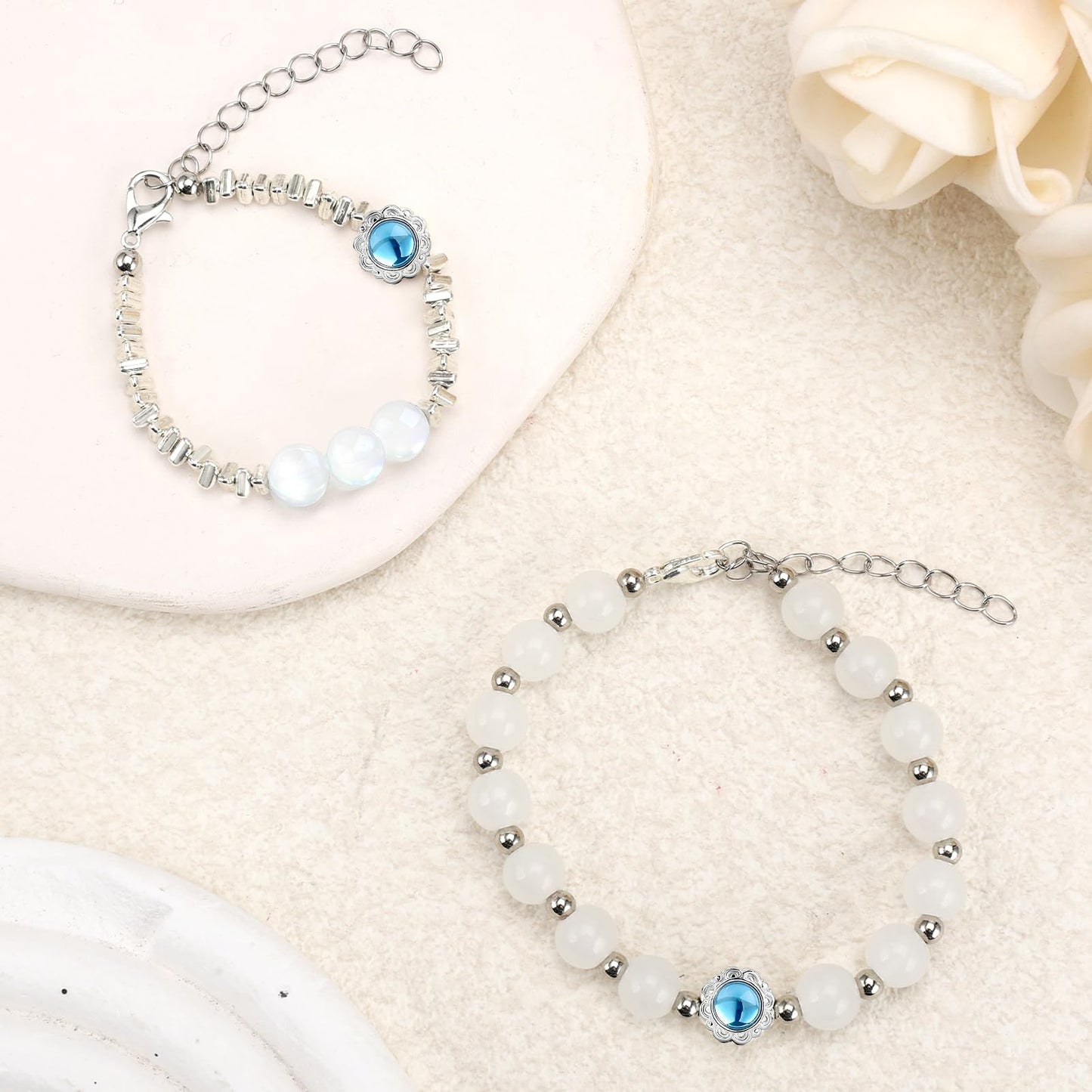 NINATY Beaded Bracelets for Women Dainty White Moonstone Bracelet Adjustable Natural Stone Silver Bead Bracelet Stretch Handmade Elastic Bracelets Trendy Jewelry Gifts for Christmas Birthday Party