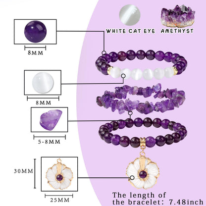 Vinswet Healing Crystal Beaded Bracelets for Women,Natural Amethyst Gemstones Bracelet,Anxiety Stress Relief Heart Charm Bracelet Handmade purple Jewelry Gifts for Women (Amethyst&Flower)