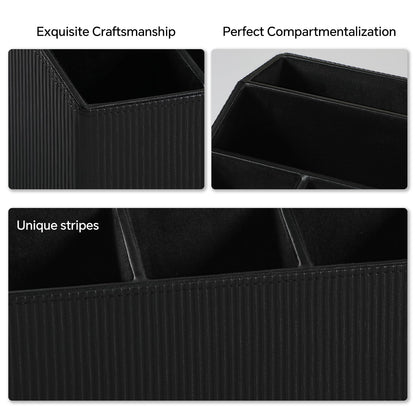 Cretkhp Remote Control Holder with 5 Compartments for Office Art Supplies, PU Leather Nightstand Organizer Pencil Pen Desk Caddy for Home, Desktop TV Remote Control Organizer Storage (Striped Black)