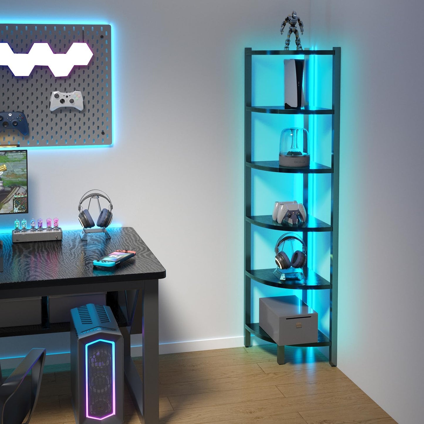 HONGOUZWL Corner Shelf with LED Lights, 6-Tier Corner Bookshelf, 66'' Organizer Book Shelf Shelves Steel Frame Display Stand with Living Room, Bedroom, Study, Black