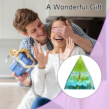Saefheled Tree of Life Orgone Pyramid,Natural Energy Peridot Turquoise Orgonite Healing Crystal Pyramid,for Reduce Stress,Balance Chakra,Meditation Attract Luck,Accumulate Wealth Health(6cm)