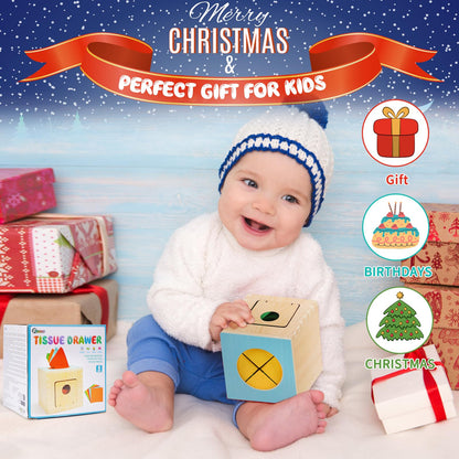 FCSONU Kids Toddler Toys, Montessori Baby Toys 0-6-12 Months, 1 Year Old Wooden Baby Tissue Box Toy for Educational Learning with Cloth Tissues, Boys & Girls Gifts for Birthday Christmas Children Day