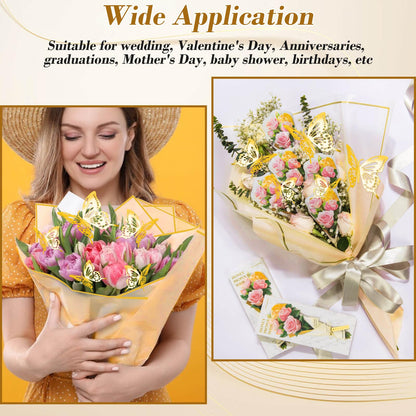 cridoz 20 Sheets Flower Bouquet Wrapping Paper with 12 Pieces Gold Butterfly Decorations for Flower Bouquets, Gift Wrapping(Champagne)