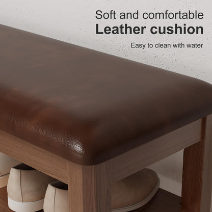 AQIMUELE Shoe Bench with Leather Cushion, 3 Tiers Shoe Storage Bench Height Adjustable, Walnut Wood Entryway Bench for Hallway, Mudroom