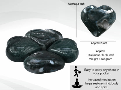 Moss Agate Crystal Heart Palm Stone - Pocket Massage Worry Stone for Natural Body Chakra Balancing, Reiki Healing and Crystal Grid