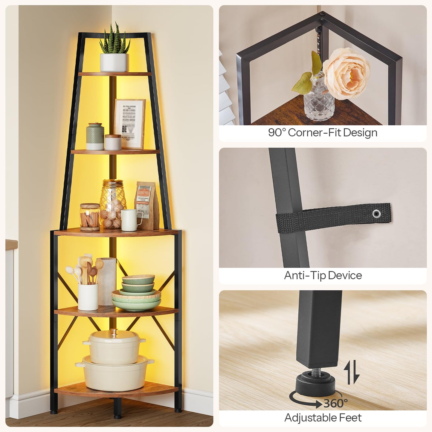 HOOBRO 5-Tier Corner Shelf with Lights, 67.9” Tall Corner Shelf Stand, Industrial Corner Bookshelf, Corner Plant Stand Display Shelf, for Living Room, Kitchen, Home Office, Rustic Brown BF120DCJ01