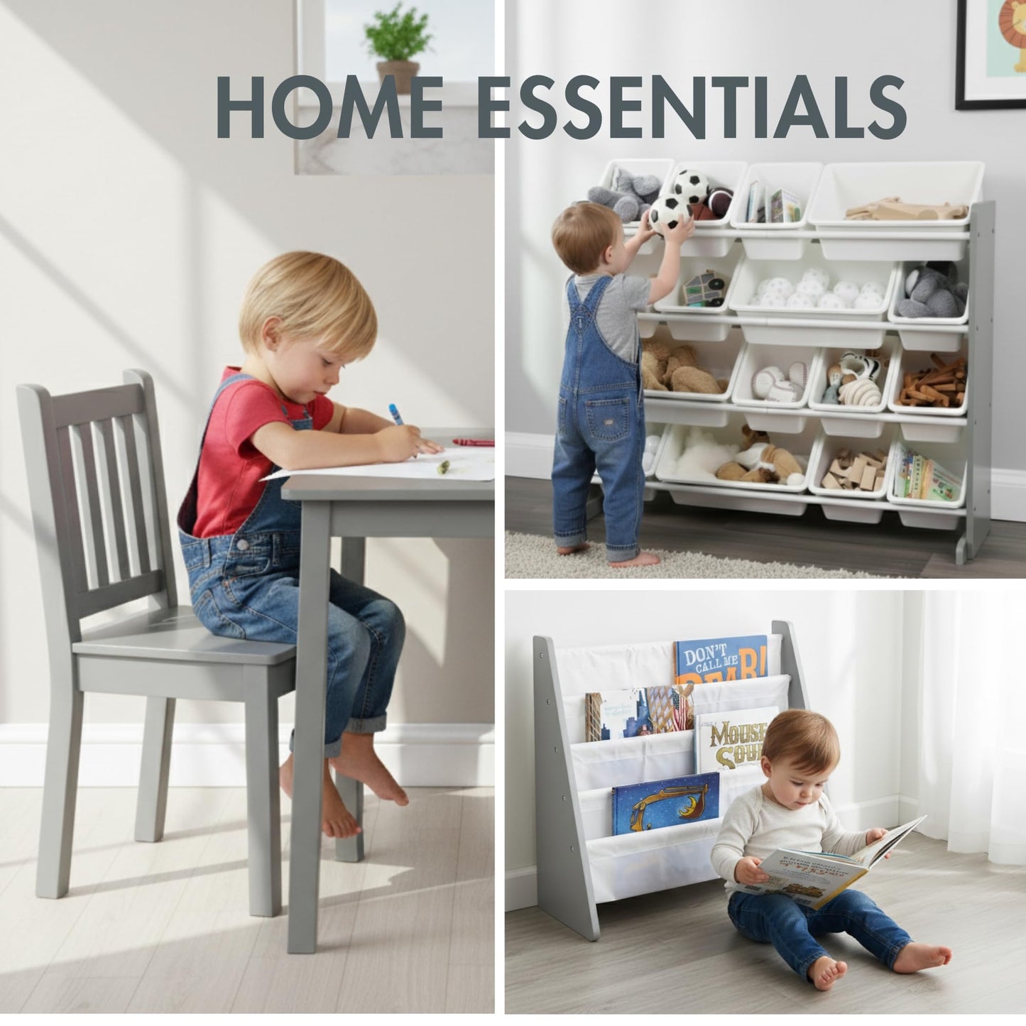 Humble Crew 3-in-1 Kids Bookshelf and Toy Storage Organizer, Grey - Toddler Organizers with Rolling Toy Box and 3 Fabric Bins – Sturdy Baby Book Shelf, Perfect for Nursery and Playroom