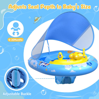 WayEee Baby Pool Float with UPF50+ Canopy - Inflatable Swim Float, Adjustable Safety Seat, Toy Play Console, Sun Protection for Baby 6-36 Months, Infant, Todder Summer Gift, Pool, Bathtub, Beach, Blue
