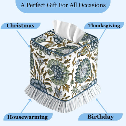 Ridhi Asparagus Green Block Print Ruffle Tissue Box Cover Handmade Cotton Decorative Square Napkin Holder for Home Bedroom Living Room Bathroom Vanity Countertop Car Office Kitchen