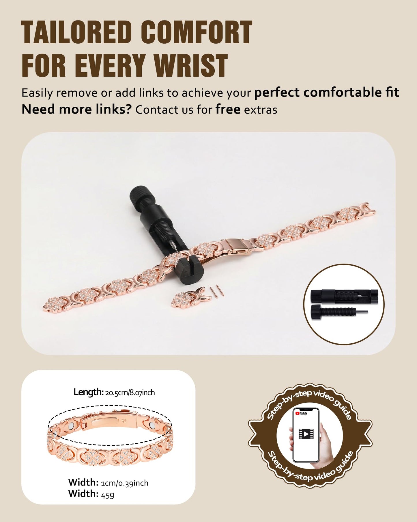 Jecanori Magnetic Copper Bracelet for Women With 3500 Gauss Magnets, Heart-Leaf Copper Bracelet, Premium Fold-Over Clasp,Rose Gold