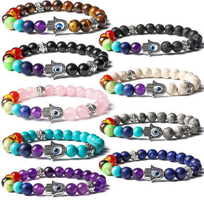 BOMAIL 9pcs Evil Eye Bracelet Set Hamsa 7 Chakra Gemstone Lava Stone Bracelets Blue Evil Eye Hamsa Charm Bead Bracelets for Men Women Hand of Fatima Bracelet
