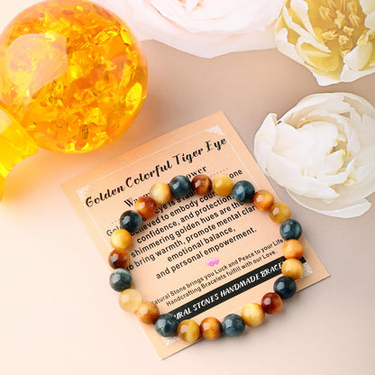 AD Beads 4mm Handmade Golden Colorful Tiger Eye Elastic Bracelet – Natural Gemstone for Warmth and power – Meditation, Yoga, Healing and Energy Gift for Men Women