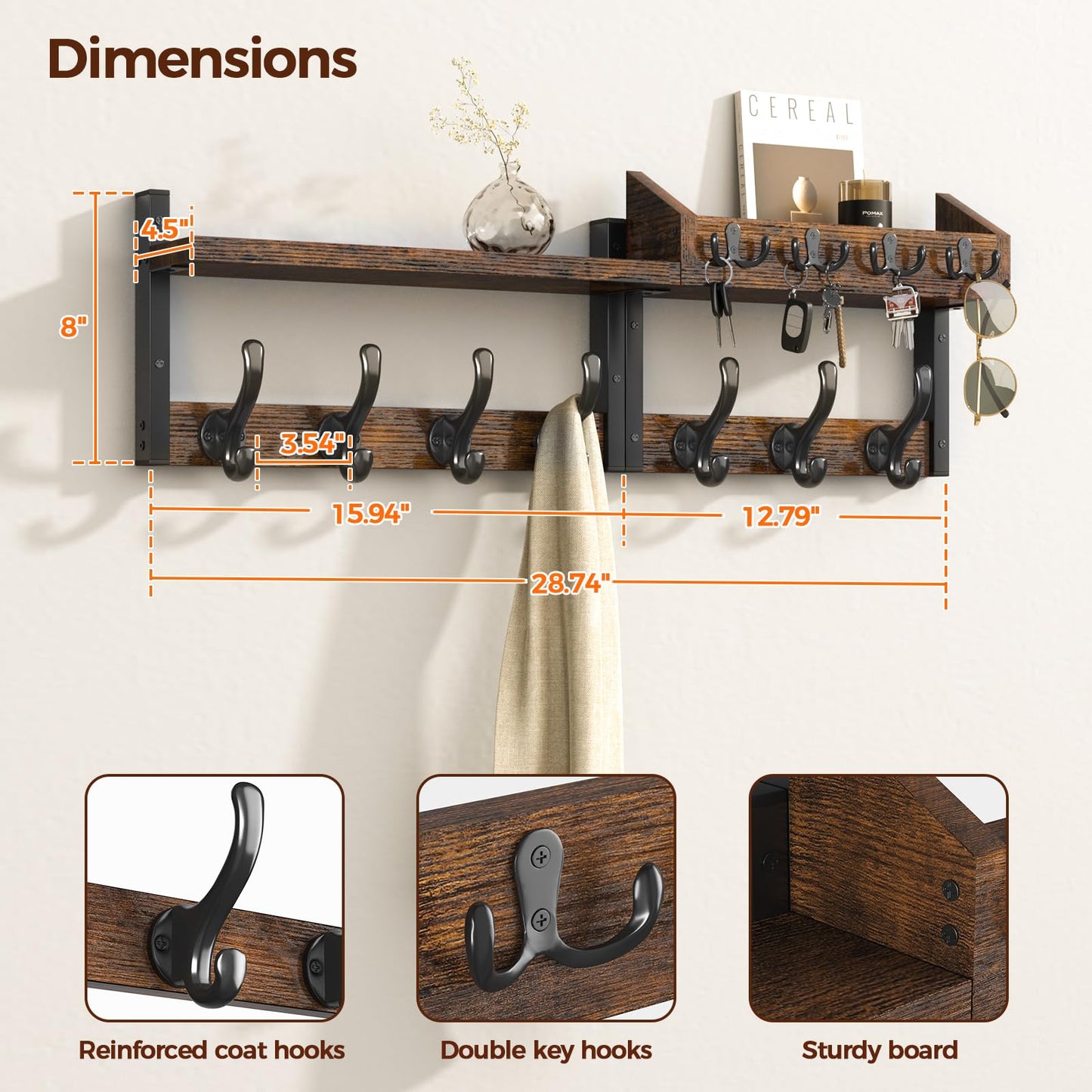 Evermagin 29" Coat Rack Wall Mount with Shelf, 4 in 1 Coat and Key Hanger with 11 Metal Hooks, Entryway Wall Mounted Shelf with Mail Holder for Living Room, Bedroom, Rustic Brown