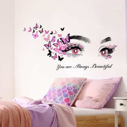 Beautiful Eyelash Eyes Wall Stickers Flying Butterfly Wall Decals You are Always Beautiful Quotes Wall-Decor Vinyl Art Butterflies Decor Stickers for Women Girls Bedroom Living Room Decor