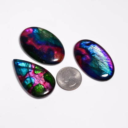 GEMKORA [40-50mm] [3pcs] Large Rainbow Pattern Labradorite Gemstones Cabochons, Jewelry Making Loose Gemstone, Polished Gems, DIY, Wire Wrapping, Reiki, Wikka, Healing Crystals, Bulk Gemstone Deal