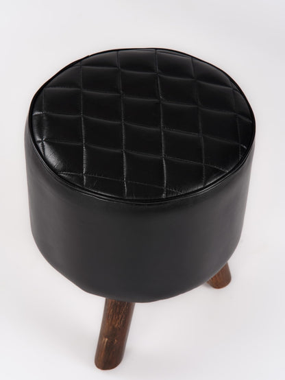 Handmade Eco-Friendly Geometric Buffalo Leather & Wood Black Round Ottomon Stool 18"X14"x14" from BBH Homes