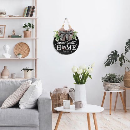 Welcome Sign for Front Door, Wooden Home Sweet Home Decor Outdoor, 3D Farmhouse Hanging Door Wreath with Artificial Greenery, Porch Welcome Sign Hanger All Year Round (Black)