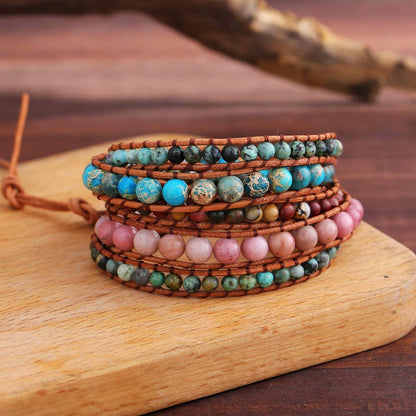 Plumiss Women Boho 5 Wraps Bracelet Natural Rhodonite Picasso Jasper Turquoise Stone Strand Bracelet Jewlery