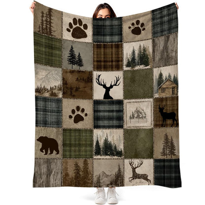 DEMCEAR Rustic Cabin Throw Blanket Wildlife Hunting Bear and Deer Brown Green Plaid Patchwork Lodge Blankets Soft Cozy Flannel Fleece for Living Room Bedroom Couch Sofa Bed Camping, 50x60 Inch