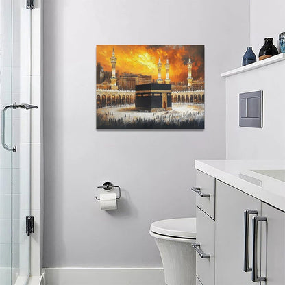 Islam Religious Wall Art Islamic Mosque Kaaba Pictures Wall Decor Black Gold Mecca Muslim Canvas Prints Painting Framed Artwork Decoration for Faith Bedroom Dining Room Living Room Office 16"x12"