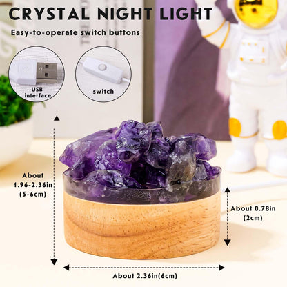 Runyangshi Amethyst Night Light with Natural Raw Crystal - USB Powered Mini Lamp for Bedroom, Desk, Meditation, Healing Crystal Decor with Wood Base, Gift Idea