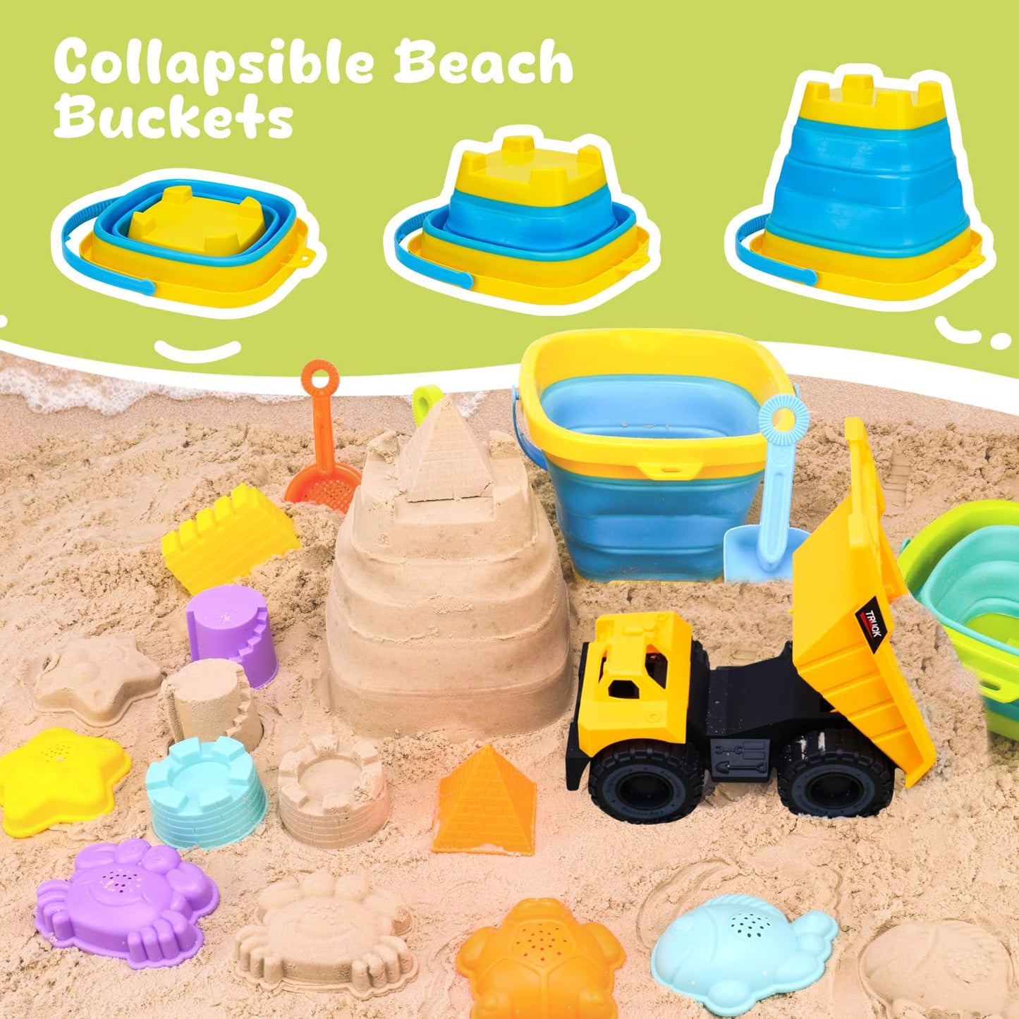AuntyFey Beach Sand Toys for Toddler 1-3 with Trucks, 2 Collapsible Beach Toys for Kids Ages 4-8, Sandbox Toys for Toddler, Collapsible Beach Sand Buckets with Castle Sand Molds Shovels