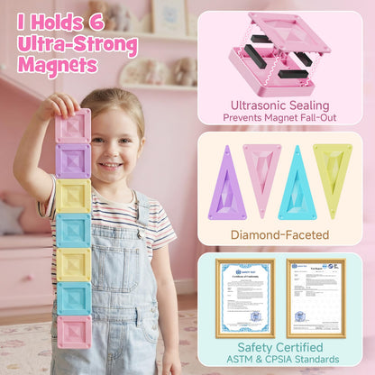 burgkidz Mini Magnetic Tiles Girls Travel Toy- 40 PCS Macaron Magnet Blocks with Pink Tin Box - 120 Mins Quiet Play for Airplane Car Essentials, Present for Girls Ages 3-8 Year Old