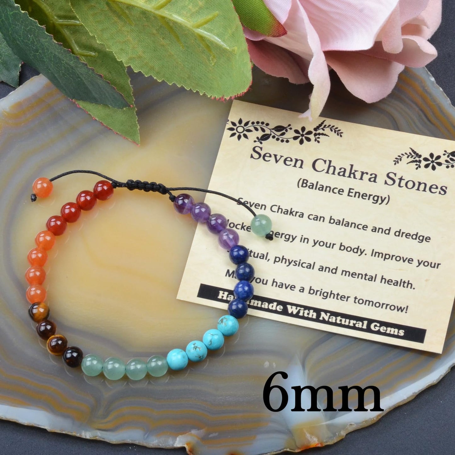 CHCCOYE 6mm Handmade Adjustable Natural Gemstone Crystal Bracelet Healing Power Energy Inspirational Gifts with Card for Unisex (Seven Chakra Stones)