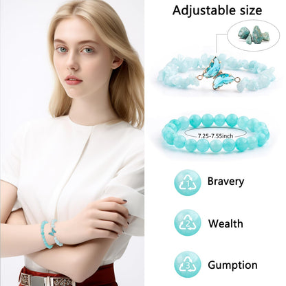 RONYOSTING Amazonite Healing Bracelet for Women - Yoga Jewelry with Butterfly Charm, Handmade Stretchy Round Beads Bracelet, Enhance Positive Energy