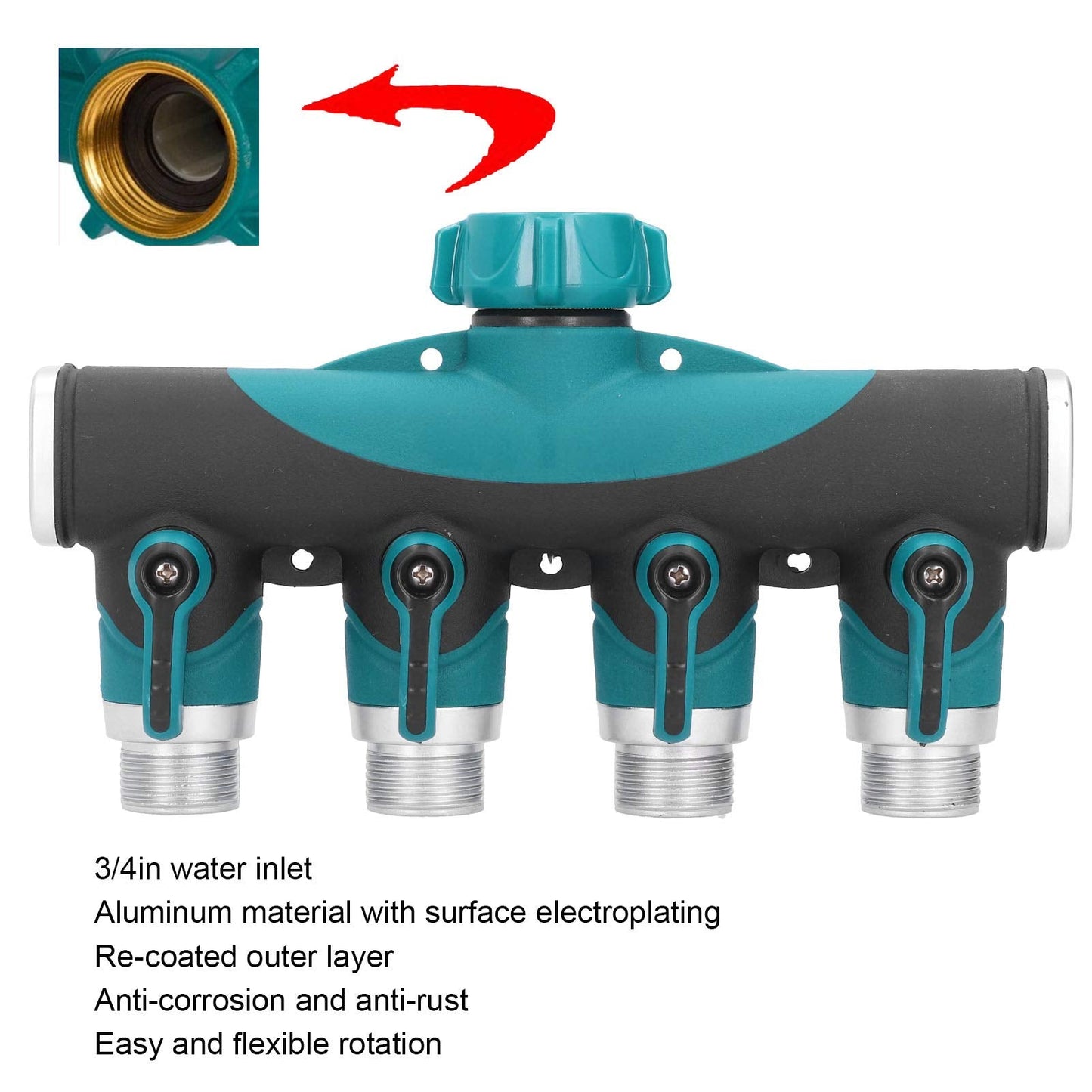 4 Way Garden Hose Splitter, 3/4 Inch Heavy Duty Metal Hose Connector with On Off Valves Water Hose Manifold Hose Spigot Adapter for Drip Irrigation