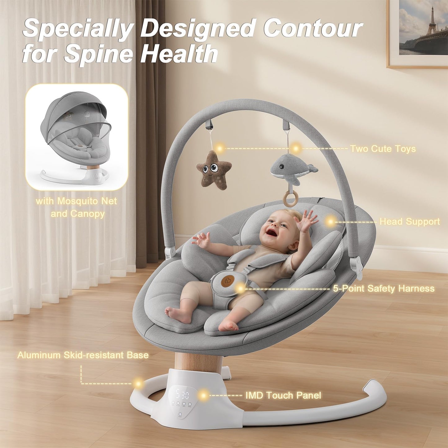 Baby Swings for Infants, FasonBaby Electric Baby Swing with Music Speaker, 5 Speeds, Remote Control and Bluetooth - Portable Infant Swing for Indoor and Outdoor (Gray)