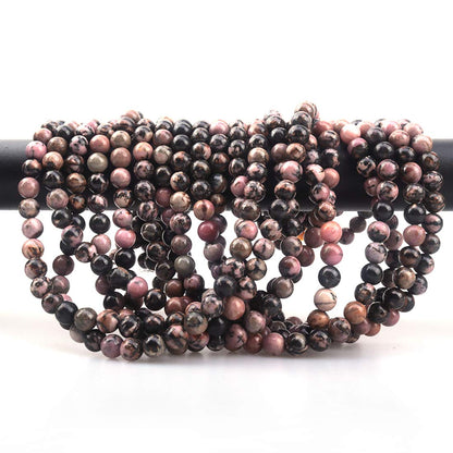 ICAI Beads 10mm Natural Pink Black Rhodonite Gemstone Round Loose Stone Beads for Jewelry Making DIY Crafts Design 1 Strand 15" APPR.34-36pcs