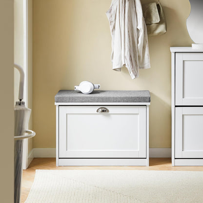 Haotian Small Shoe Storage Bench with Cushion, White Narrow Shoe Rack for Entryway, Small Shoe Cabinet with 2 Tiers Flip-Drawer, FSR195-K-W