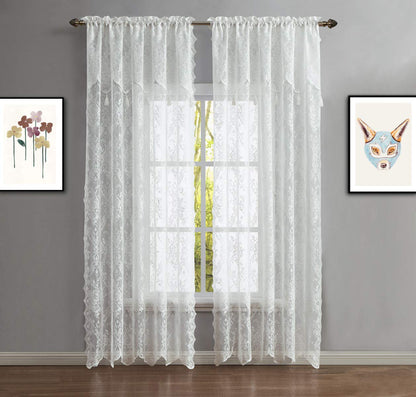 Warm Home Designs Pair of 2 Ivory Color Long Length 54” (W) x 96” (L) Semi Sheer Lace Curtain Panels & Attached Matching Valances with 6 Tassels. Classic Elegant English Rose Pattern. L Ivory 96”