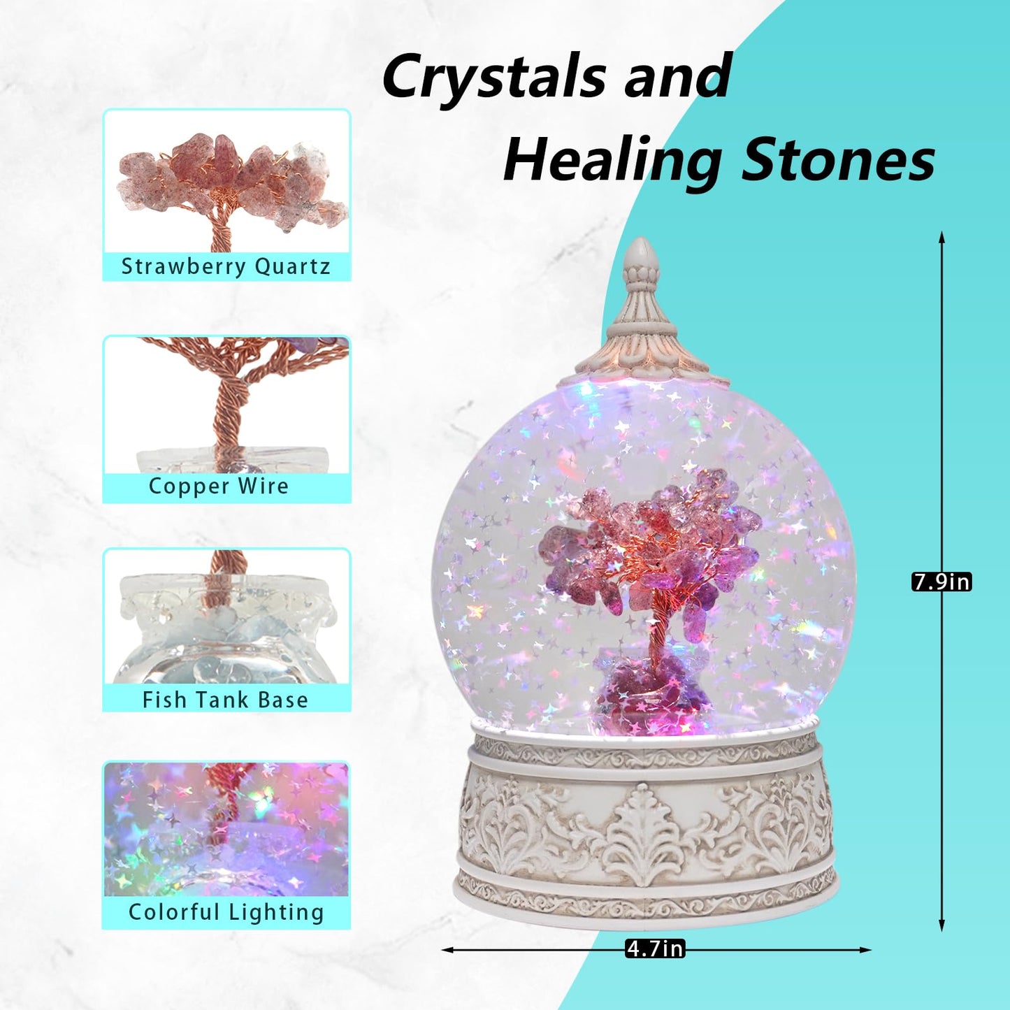 Strawberry Quartz Healing Crystal Tree Globe Colorful Lights and Glitter, Natural Gemstone Base, Spiritual Meditation, Positive Energy Good Luck, Home Decor, Birthday Gifts (Strawberry Quartz)