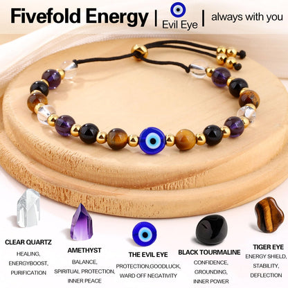 Cute Evil Eye Bracelet Red Black - Natural Crystal Protection Adjustable Spiritual Guardian Jewelry- 5 Healing Stones Clear Quartz Amethyst Black Tourmaline Tiger Eye Bracelet Adjustable (Blue Eye-Black Rope)