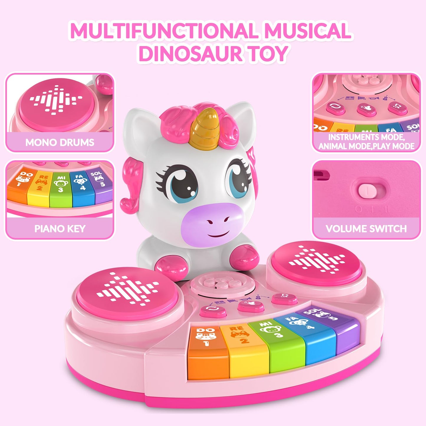 DPDos Unicorn Baby Piano Toy with Animal Sounds, Light Up Musical Keyboard, Educational Toddler Learning Toys for 1 Year Old Girl, Birthday Gifts 6+ Months