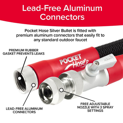 Pocket Hose 100 FT Silver Bullet 2.0 Expandable Garden Hose w/Turbo Shot Nozzle, AS SEEN ON TV, Lead-Free, Solid Aluminum Connectors, Easy On/Off Valve, Kink-Free, Leak-Proof