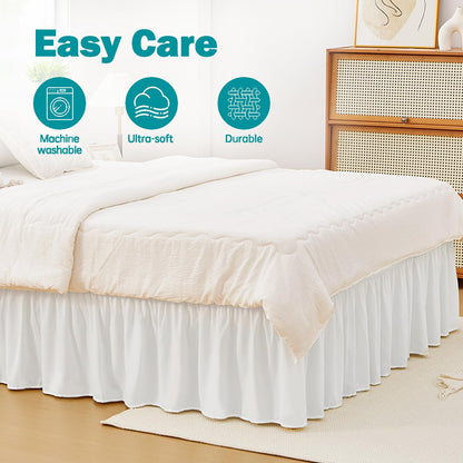 Vocander White Queen Size Bed Skirt 14 Inch Drop, Elastic Wrap Around Dust Ruffle Bed Skirting Easy to Install, Adjustable Tailored Bedskirts Fade & Wrinkle Resistant, Bedroom Decor