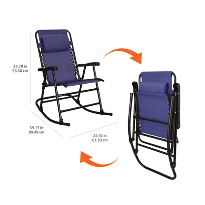 Amazon Basics Outdoor Portable Folding Rocking Chair with Headrest, Ergonomic Design, Weather-resistant Textilene Fabric for Porch, Blue