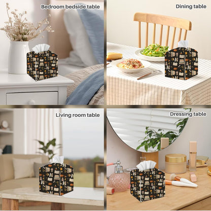 Tissue Box Cover, Tissue Box Holder, Square with Belt Bottom, PU Leather Decorative Organizer for Desk, Tabletop, Countertop Bathroom, Toilet Car, Office, Dresser Bedside, Aesthetic Books Flower Decor