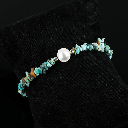 CRYSTALIS Natural Turquoise Beads Slider Bracelet with Elegant Pearl, High Grade Nuggets Crystal, Chakra Healing Gemstone, Gift Giving Women Jewelry, Silver Slider 10 inch