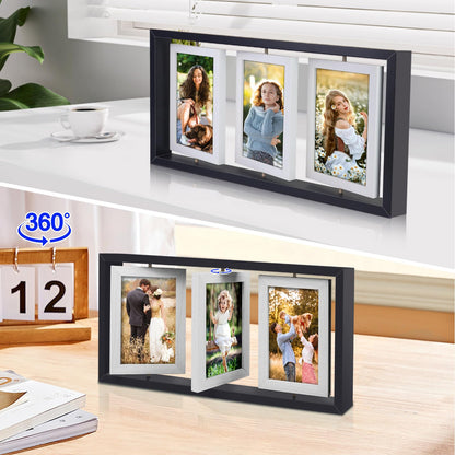 ZEEYUAN 4x6 Desk Picture Frame Rotating Double-Sided Picture Frame, 4x6 Tabletop Wooden Collage Family Pictures Frame for Office Desktop Home Decor, Holds 6 Photos, Black