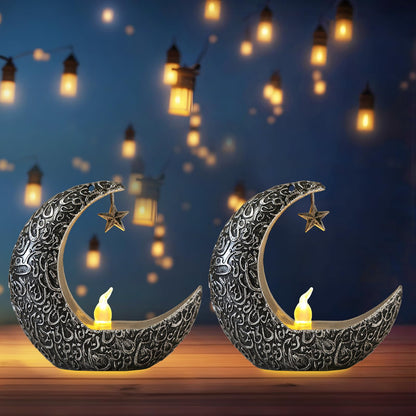 Hying 2 Pieces Ramadan Lanterns Decoration Eid-ul-fitr Table Lamp Eid Mubarak Flameless Candle Lanterns Ramadan Moon Star Lamp for Home Tabletop Decor-Sliver Black